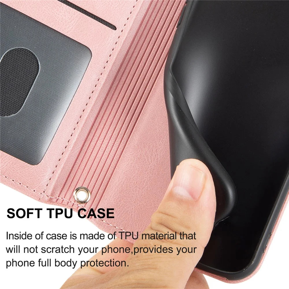 For iPhone 17 Case Wallet Skin-Touch Leather Imprinted Phone Cover with Wrist Strap - Pink - 6