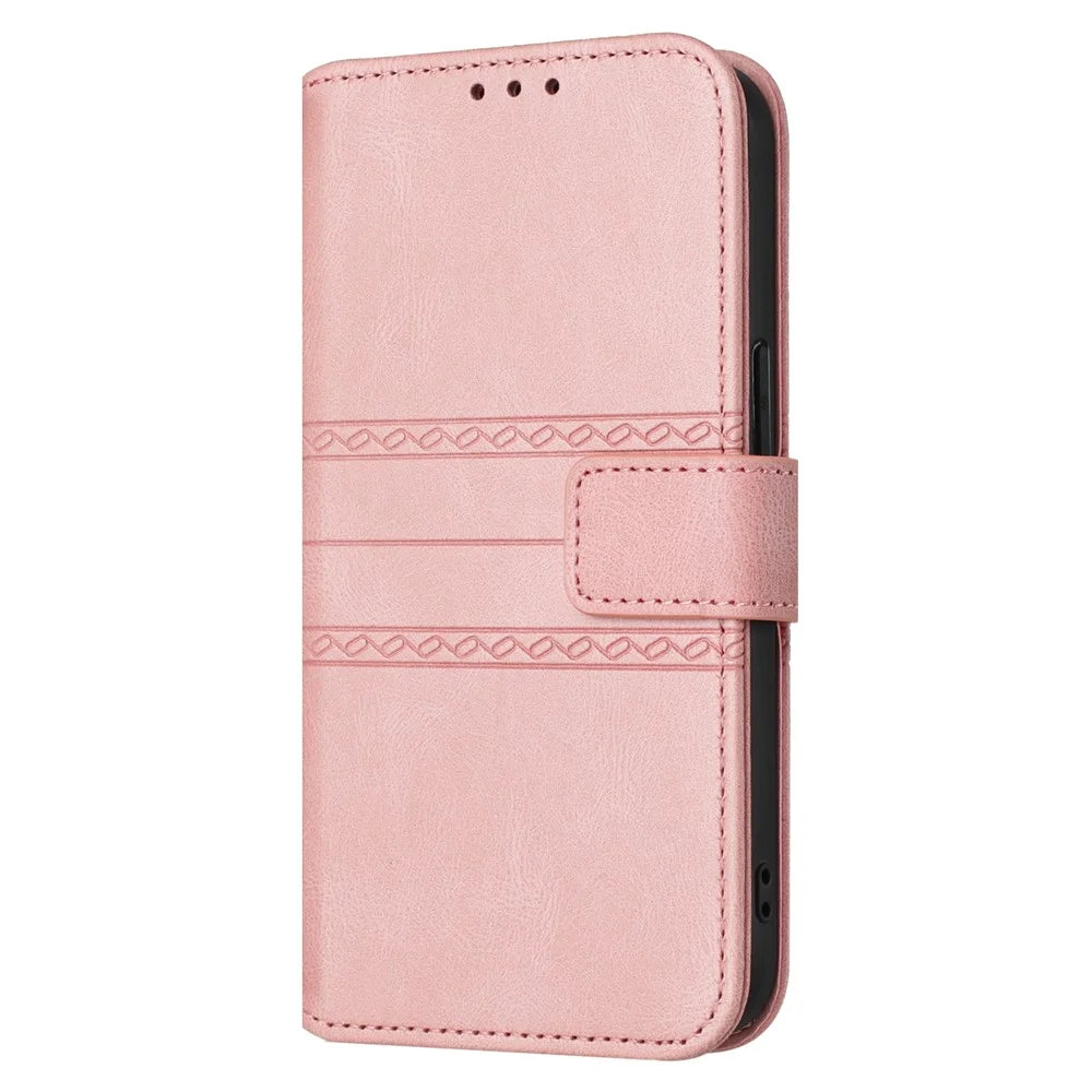 For iPhone 17 Case Wallet Skin-Touch Leather Imprinted Phone Cover with Wrist Strap - Pink - 7