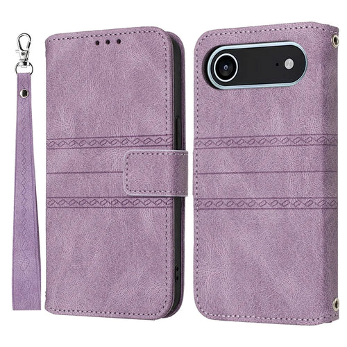 For iPhone Air Case Wallet Skin-Touch Leather Imprinted Phone Cover with Wrist Strap - Purple - 1