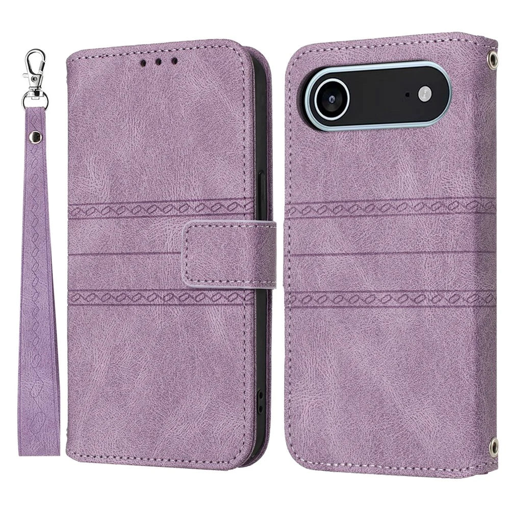 For iPhone Air Case Wallet Skin-Touch Leather Imprinted Phone Cover with Wrist Strap - Purple - 1