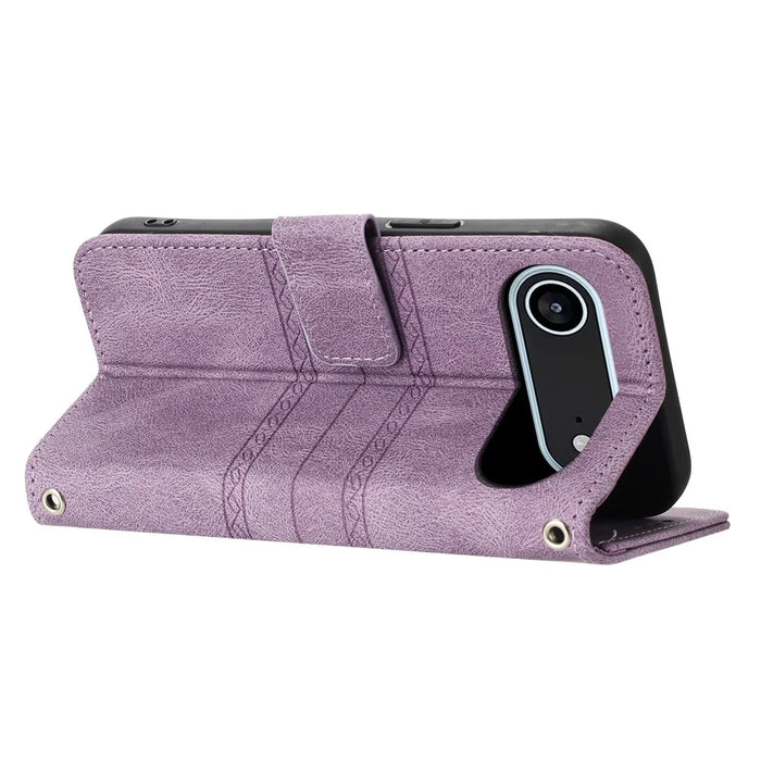 For iPhone Air Case Wallet Skin-Touch Leather Imprinted Phone Cover with Wrist Strap - Purple - 3