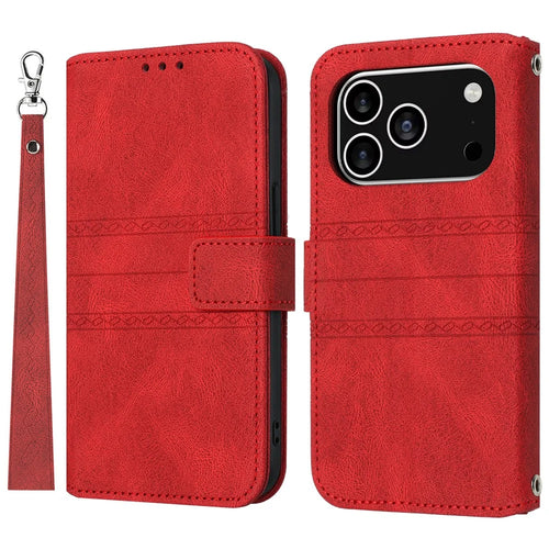 For iPhone 17 Pro Case Wallet Skin-Touch Leather Imprinted Phone Cover with Wrist Strap - Red - 1
