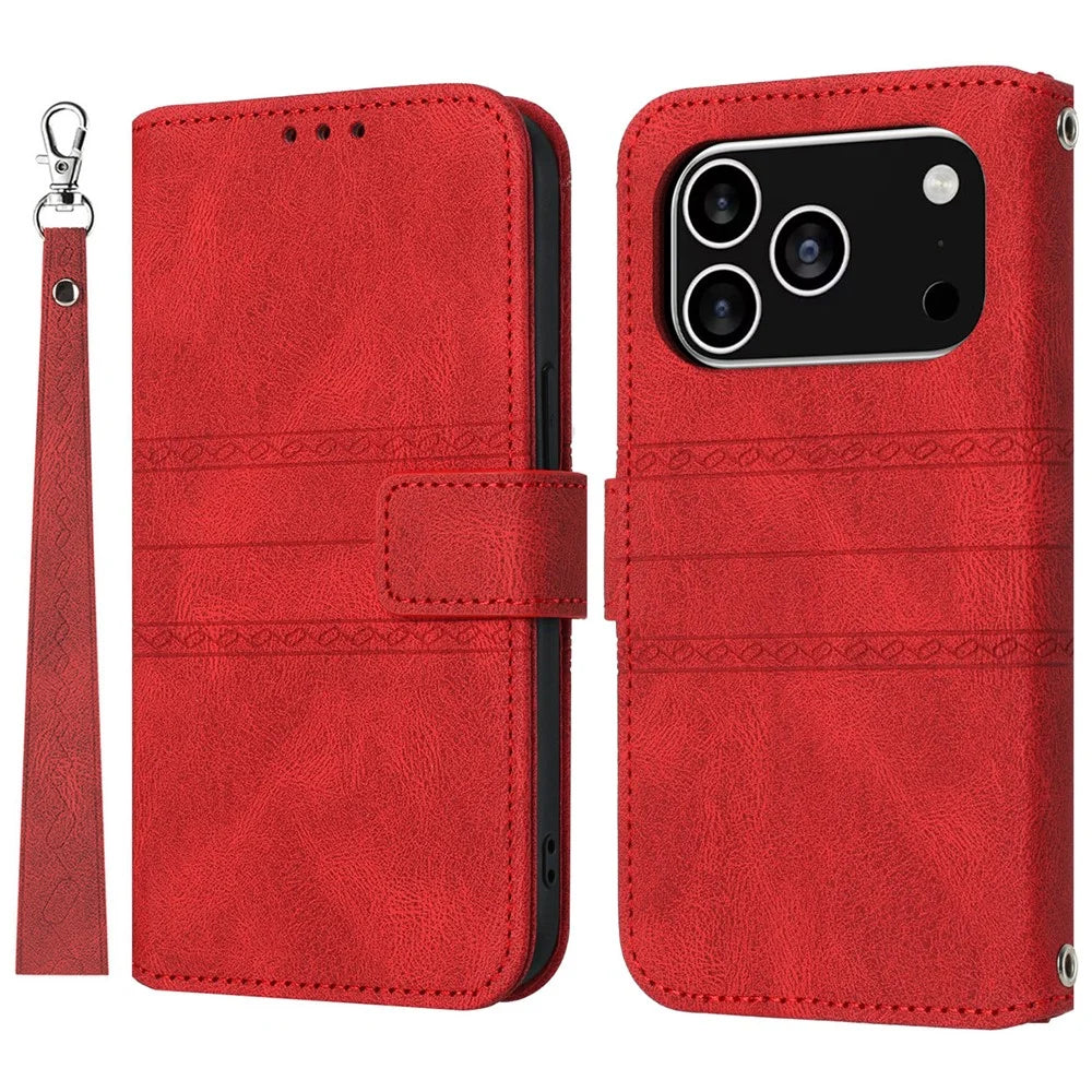 For iPhone 17 Pro Case Wallet Skin-Touch Leather Imprinted Phone Cover with Wrist Strap - Red - 1