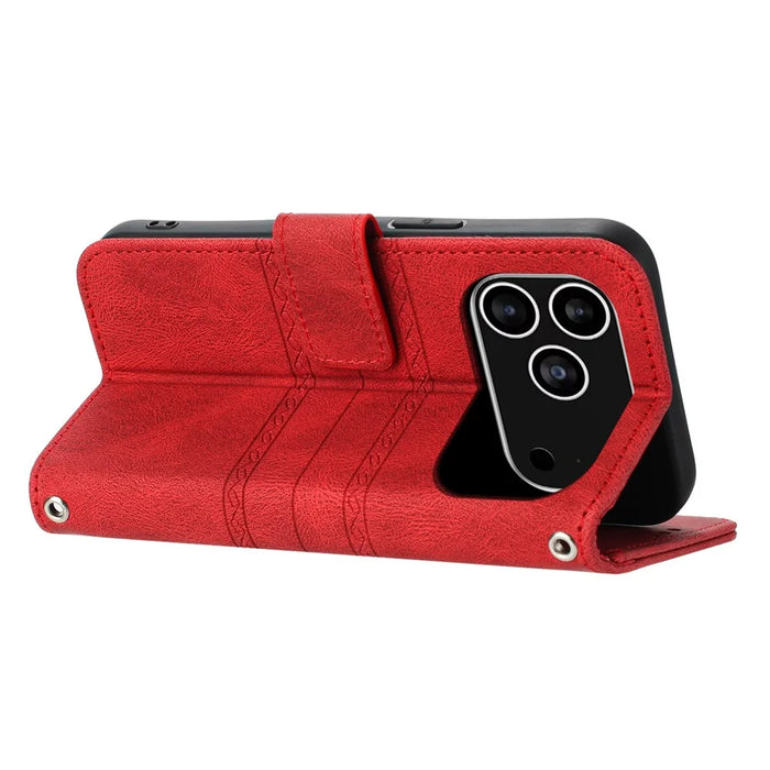 For iPhone 17 Pro Case Wallet Skin-Touch Leather Imprinted Phone Cover with Wrist Strap - Red - 3