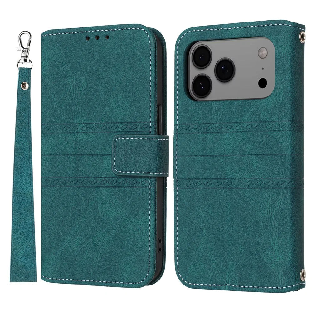 For iPhone 17 Pro Max Case Wallet Skin-Touch Leather Imprinted Phone Cover with Wrist Strap - Blackish Green - 1