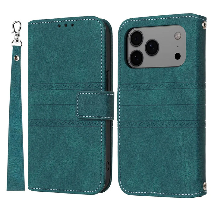 For iPhone 17 Pro Max Case Wallet Skin-Touch Leather Imprinted Phone Cover with Wrist Strap - Blackish Green - 1