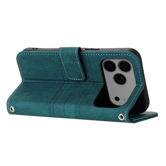 For iPhone 17 Pro Max Case Wallet Skin-Touch Leather Imprinted Phone Cover with Wrist Strap - Blackish Green - 3