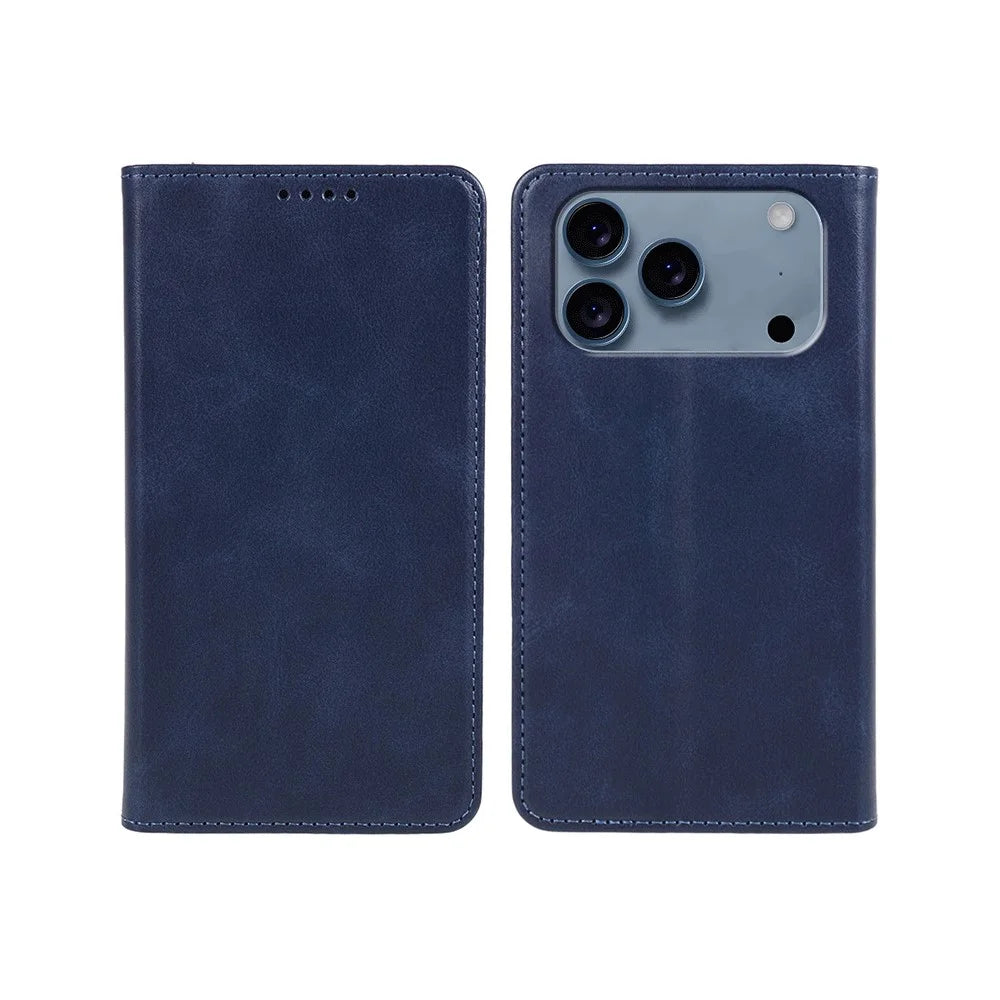 For iPhone 17 Pro Case Strong Magnetic PU Leather Phone Cover Calf Texture - Blue - 1