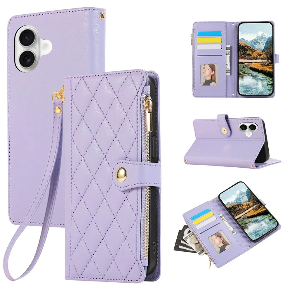 For iPhone 17 Case Multi Card Slots Zipper Rhombus Leather Phone Cover with Wrist Strap - Purple - 1