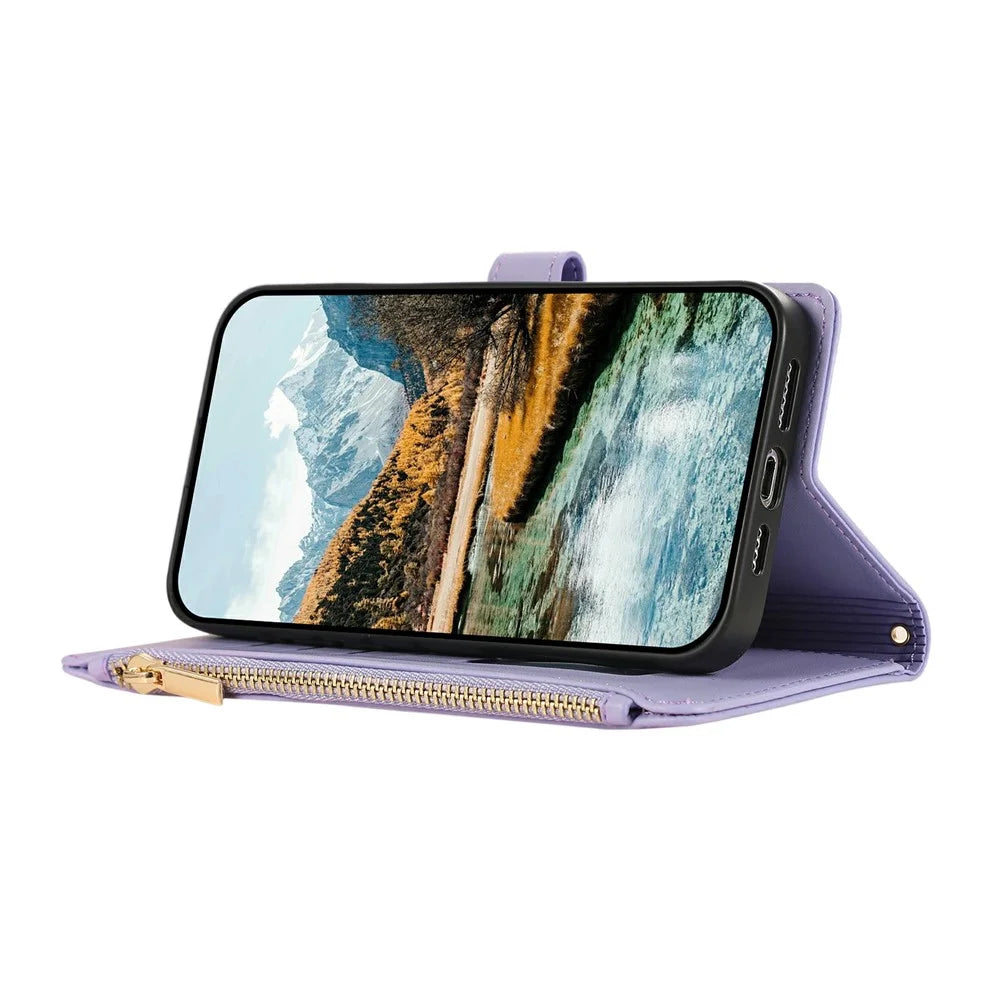 For iPhone 17 Case Multi Card Slots Zipper Rhombus Leather Phone Cover with Wrist Strap - Purple - 4