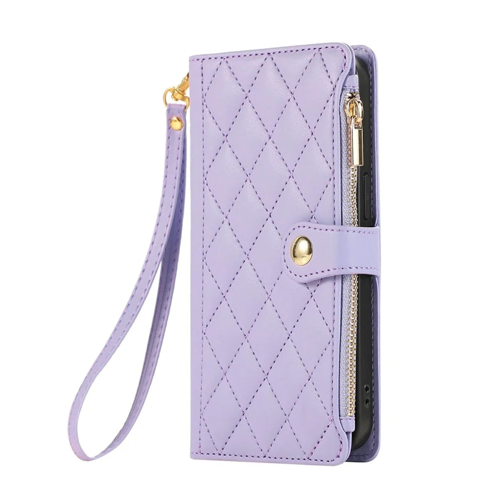 For iPhone 17 Case Multi Card Slots Zipper Rhombus Leather Phone Cover with Wrist Strap - Purple - 6