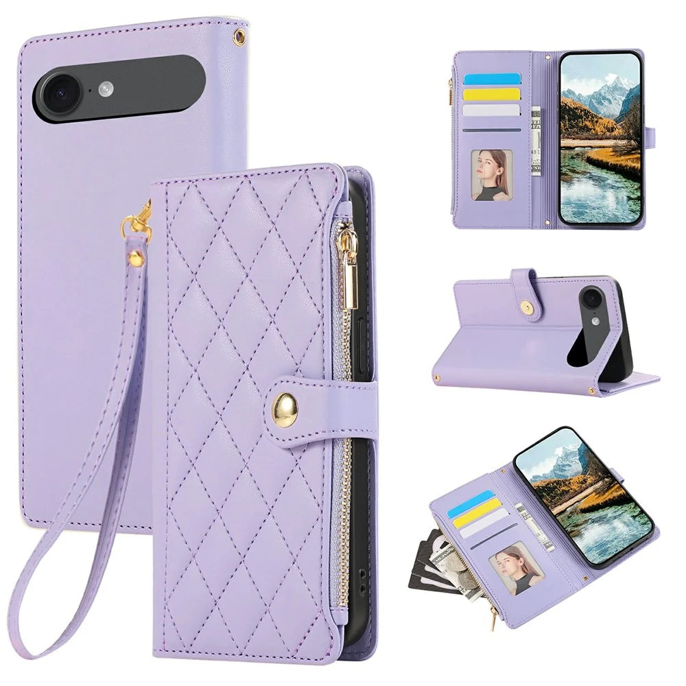 For iPhone Air Case Multi Card Slots Zipper Rhombus Leather Phone Cover with Wrist Strap - Purple - 1