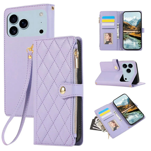 For iPhone 18 Pro / 17 Pro Case Multi Card Slots Zipper Rhombus Leather Phone Cover with Wrist Strap - Purple - 1