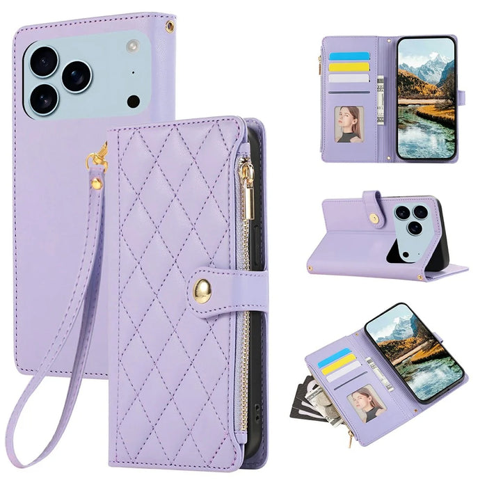 For iPhone 18 Pro Max / 17 Pro Max Case Multi Card Slots Zipper Rhombus Leather Phone Cover with Wrist Strap - Purple - 1