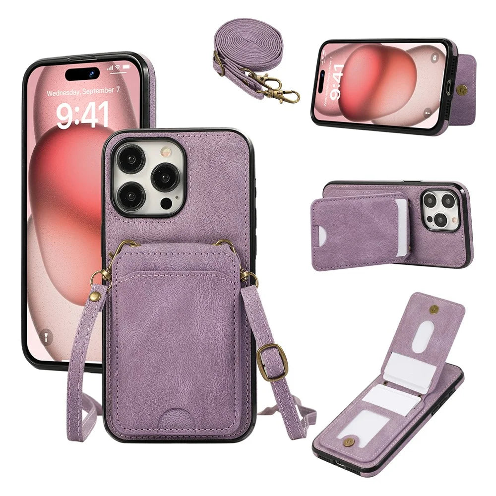 For iPhone 16 Pro Case Card Holder Kickstand Leather + TPU Phone Cover with Shoulder Strap - Purple - 1