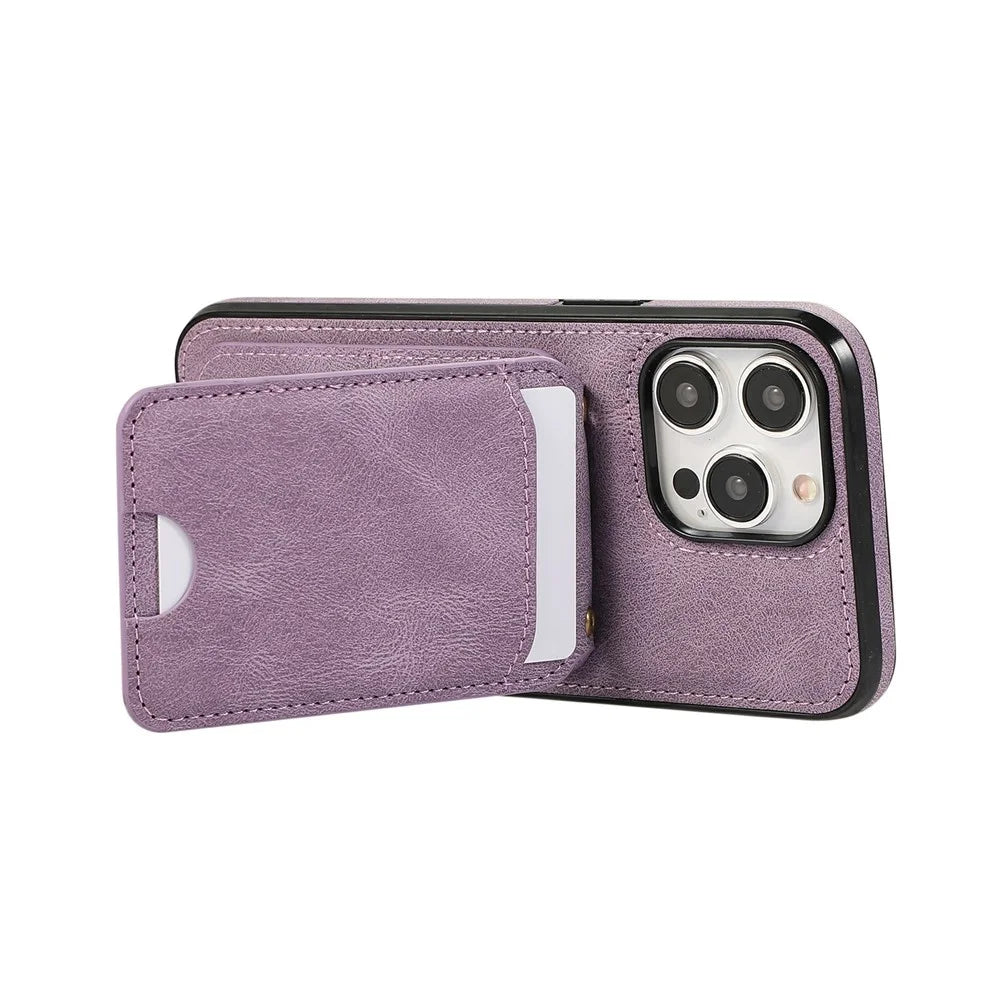 For iPhone 16 Pro Case Card Holder Kickstand Leather + TPU Phone Cover with Shoulder Strap - Purple - 5