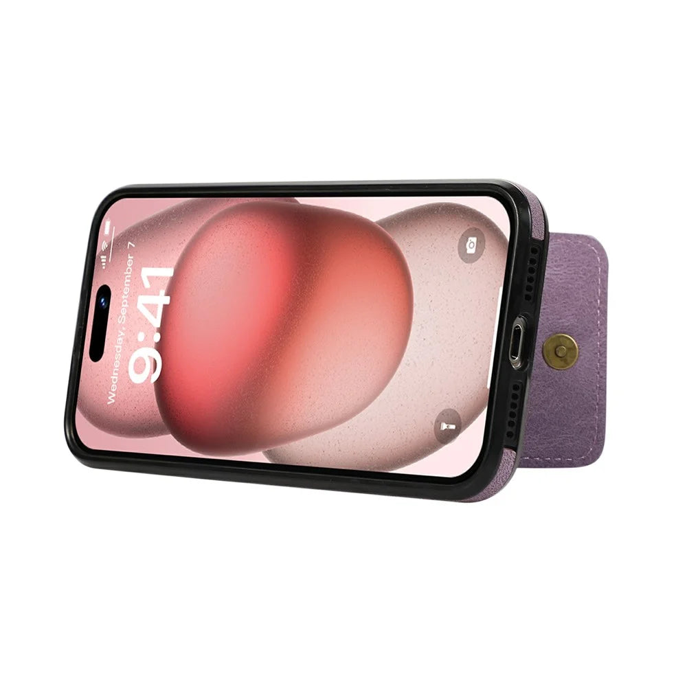 For iPhone 16 Pro Max Case Card Holder Kickstand Leather + TPU Phone Cover with Shoulder Strap - Purple - 4