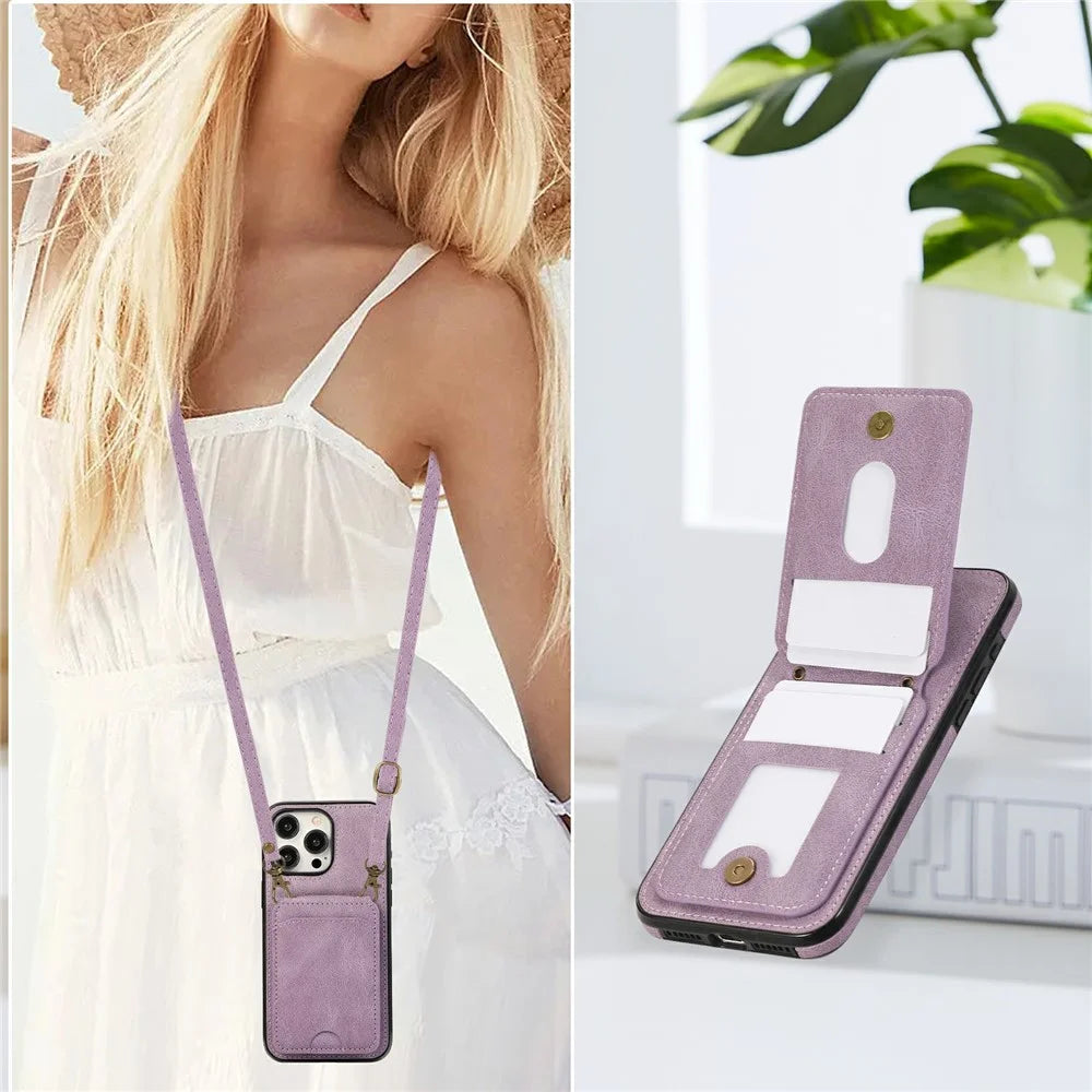 For iPhone 16 Pro Max Case Card Holder Kickstand Leather + TPU Phone Cover with Shoulder Strap - Purple - 7