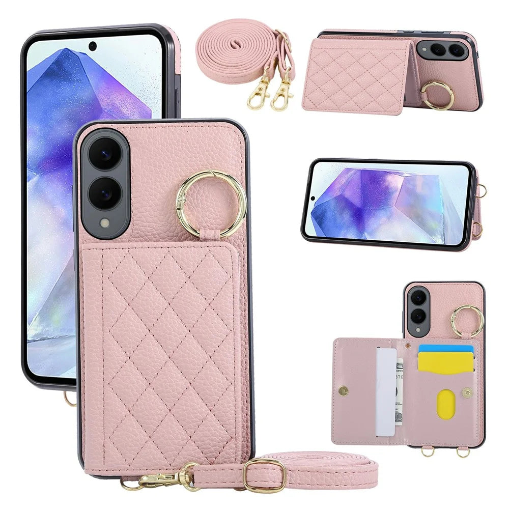 For Samsung Galaxy S25 Edge Case Kickstand Rhombus Leather + TPU Phone Cover with Shoulder Strap - Pink - 1