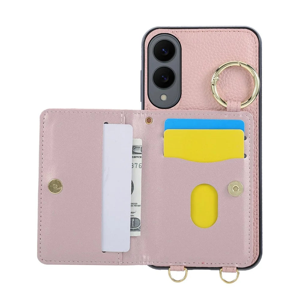 For Samsung Galaxy S25 Edge Case Kickstand Rhombus Leather + TPU Phone Cover with Shoulder Strap - Pink - 2