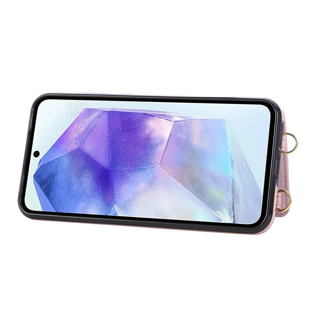 For Samsung Galaxy S25 Edge Case Kickstand Rhombus Leather + TPU Phone Cover with Shoulder Strap - Pink - 3