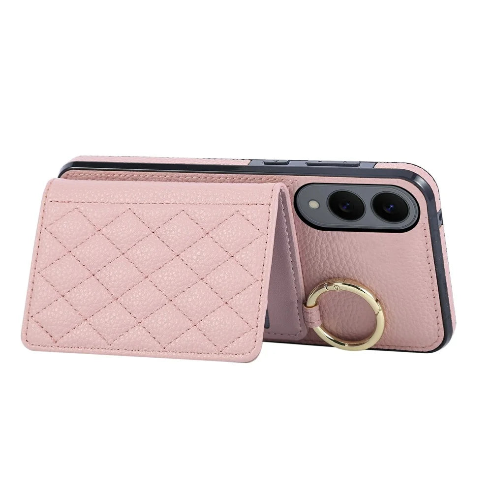 For Samsung Galaxy S25 Edge Case Kickstand Rhombus Leather + TPU Phone Cover with Shoulder Strap - Pink - 4