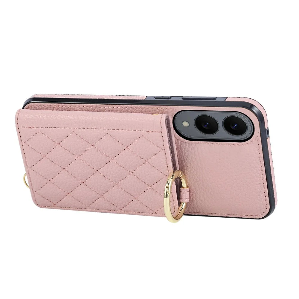 For Samsung Galaxy S25 Edge Case Kickstand Rhombus Leather + TPU Phone Cover with Shoulder Strap - Pink - 5