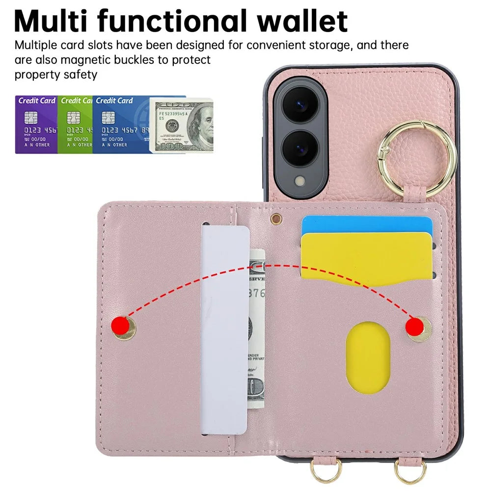 For Samsung Galaxy S25 Edge Case Kickstand Rhombus Leather + TPU Phone Cover with Shoulder Strap - Pink - 6