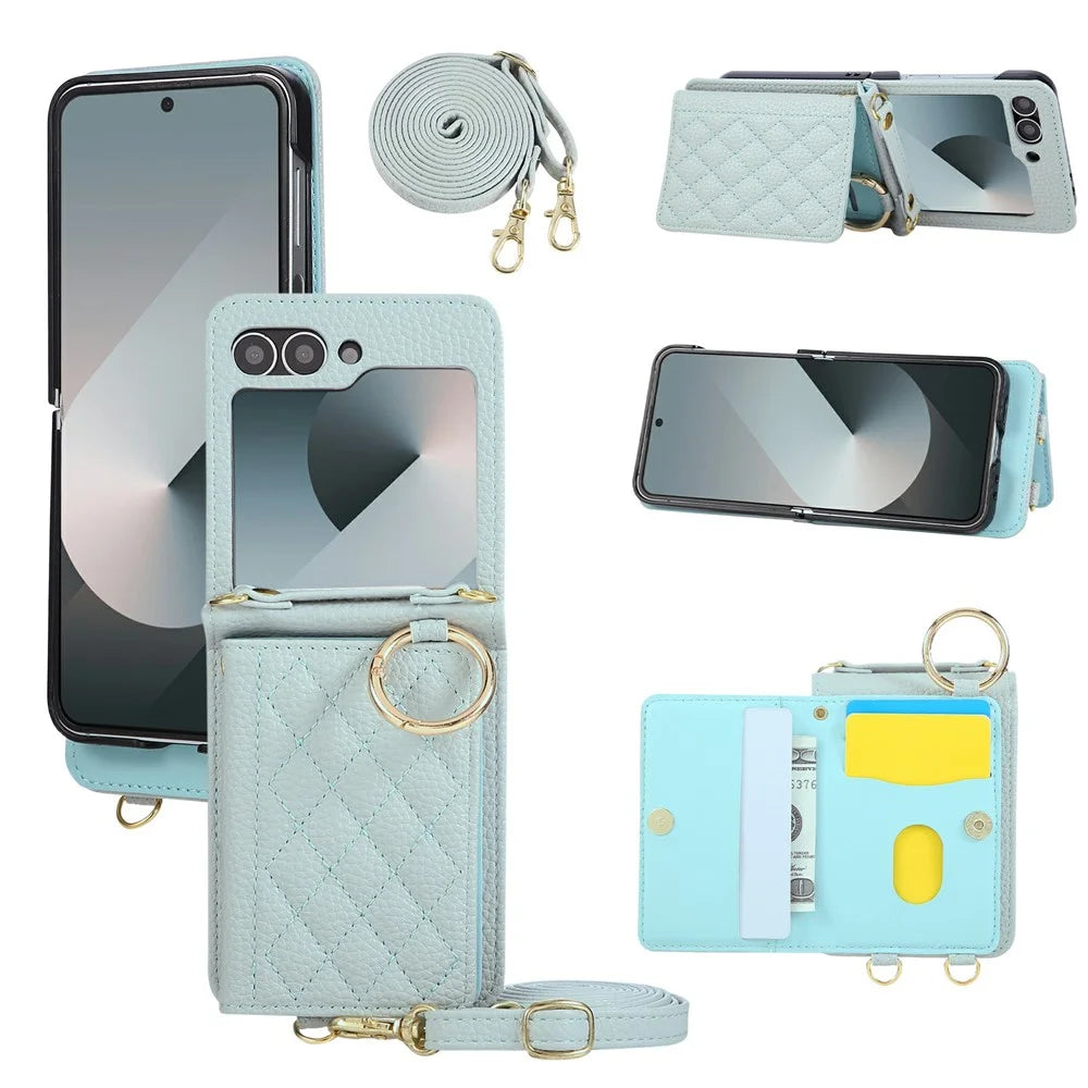 For Samsung Galaxy Z Flip7 FE 5G / Z Flip6 5G Case Kickstand Rhombus Leather + TPU Phone Cover with Shoulder Strap - Blue - 1