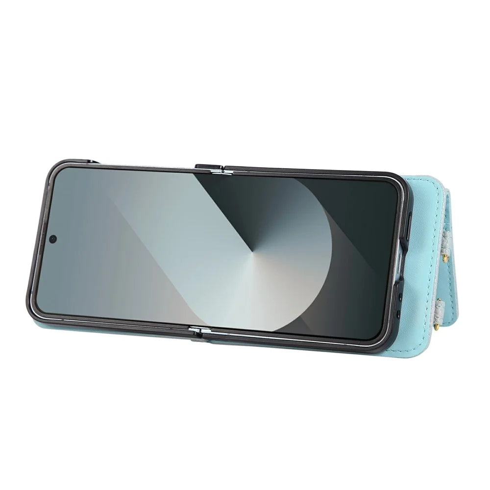 For Samsung Galaxy Z Flip7 FE 5G / Z Flip6 5G Case Kickstand Rhombus Leather + TPU Phone Cover with Shoulder Strap - Blue - 3