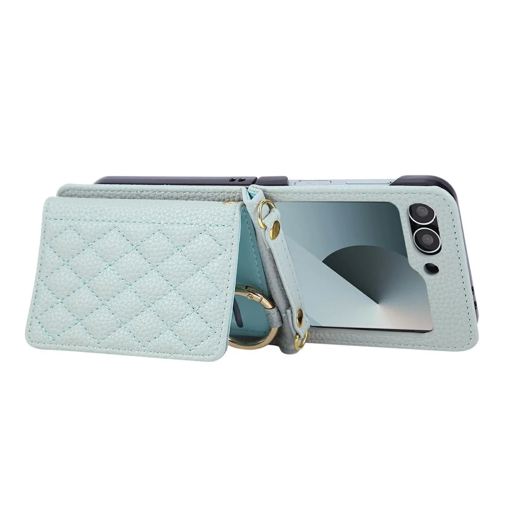 For Samsung Galaxy Z Flip7 FE 5G / Z Flip6 5G Case Kickstand Rhombus Leather + TPU Phone Cover with Shoulder Strap - Blue - 4