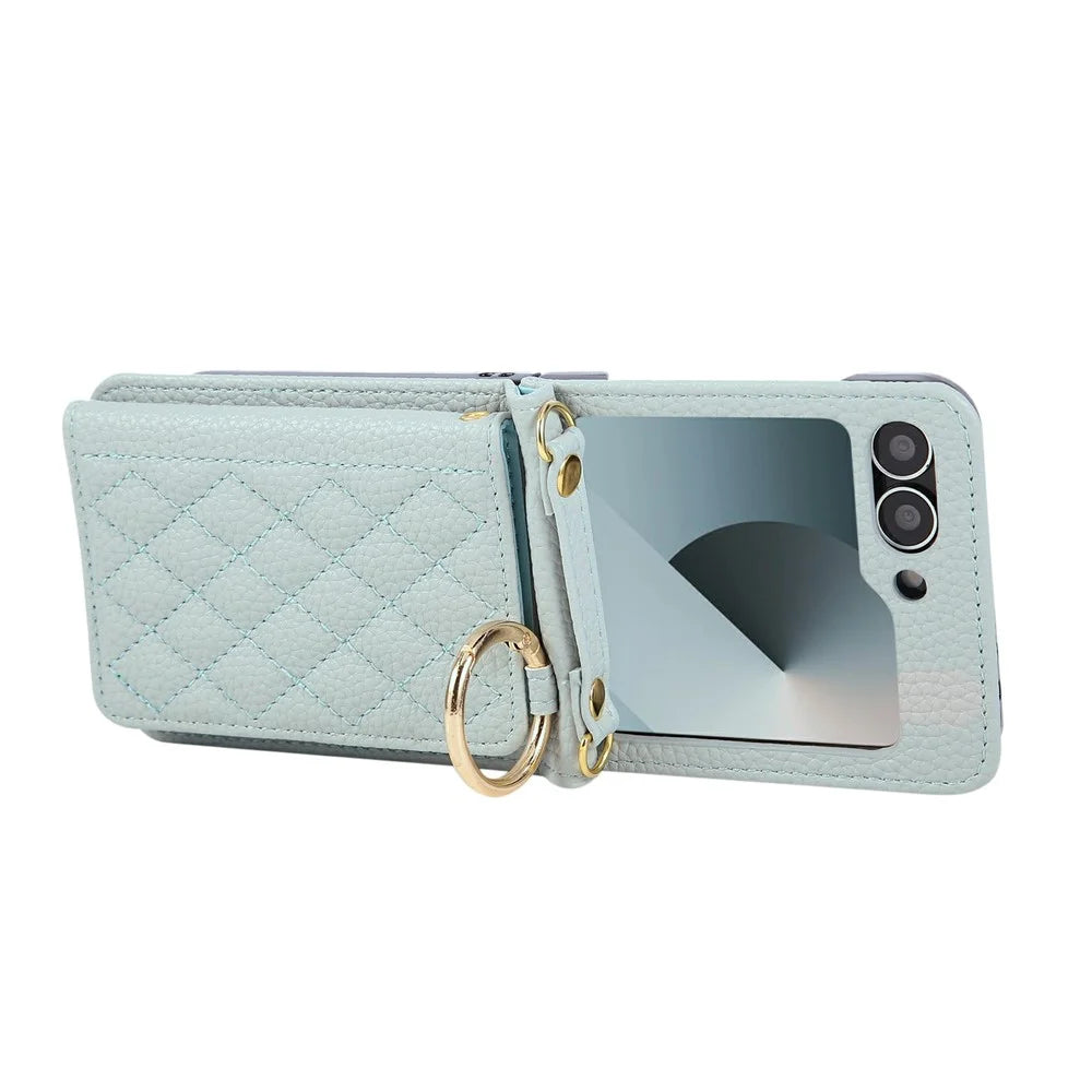 For Samsung Galaxy Z Flip7 FE 5G / Z Flip6 5G Case Kickstand Rhombus Leather + TPU Phone Cover with Shoulder Strap - Blue - 5