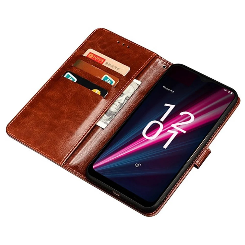 IDEWEI Crazy Horse Texture Stand Wallet Case for T-Mobile Revvl 6 Pro 5G, PU Leather + TPU Full Body Protection Cover - Brown - 2