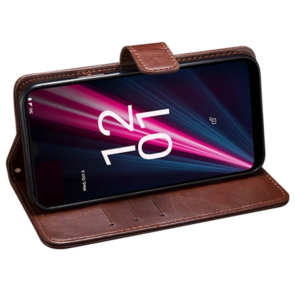 IDEWEI Crazy Horse Texture Stand Wallet Case for T-Mobile Revvl 6 Pro 5G, PU Leather + TPU Full Body Protection Cover - Brown - 3