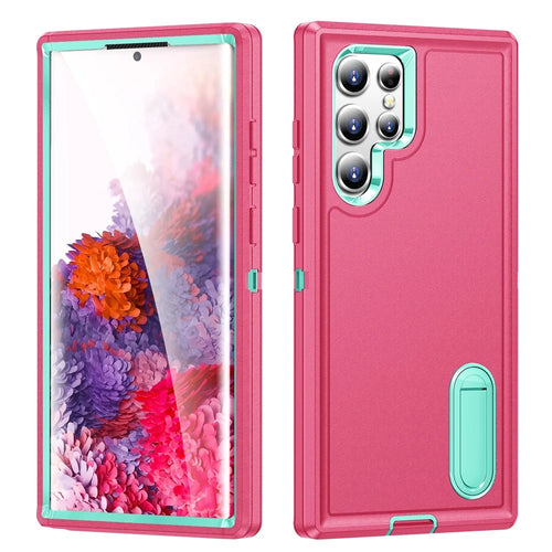 For Samsung Galaxy S22 Ultra 5G Case Case Kickstand Phone Cover PC + Silicone + EVA 3-in-1 Design - Rose + Light Cyan - 1