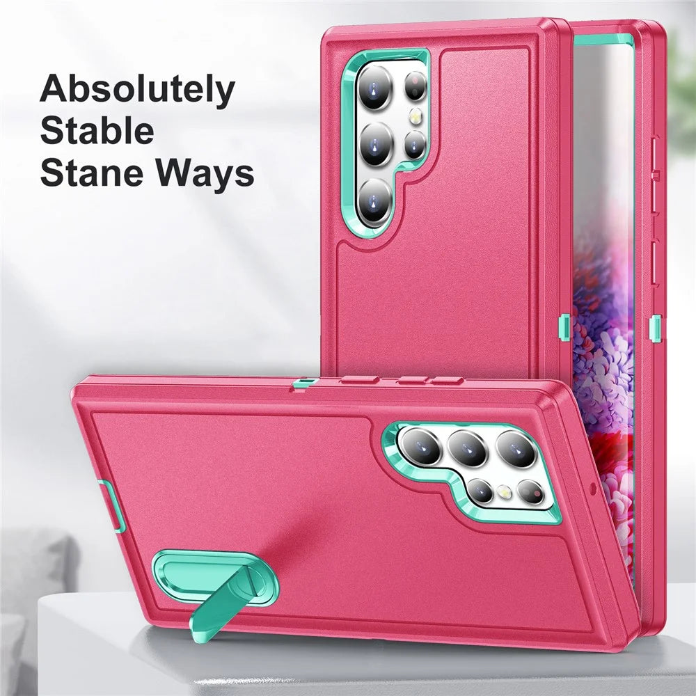 For Samsung Galaxy S22 Ultra 5G Case Case Kickstand Phone Cover PC + Silicone + EVA 3-in-1 Design - Rose + Light Cyan - 3
