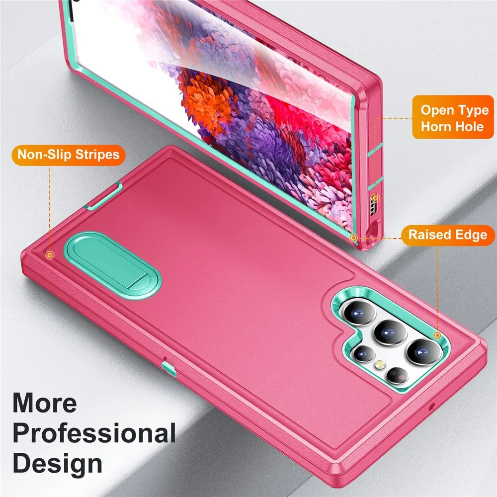 For Samsung Galaxy S22 Ultra 5G Case Case Kickstand Phone Cover PC + Silicone + EVA 3-in-1 Design - Rose + Light Cyan - 4