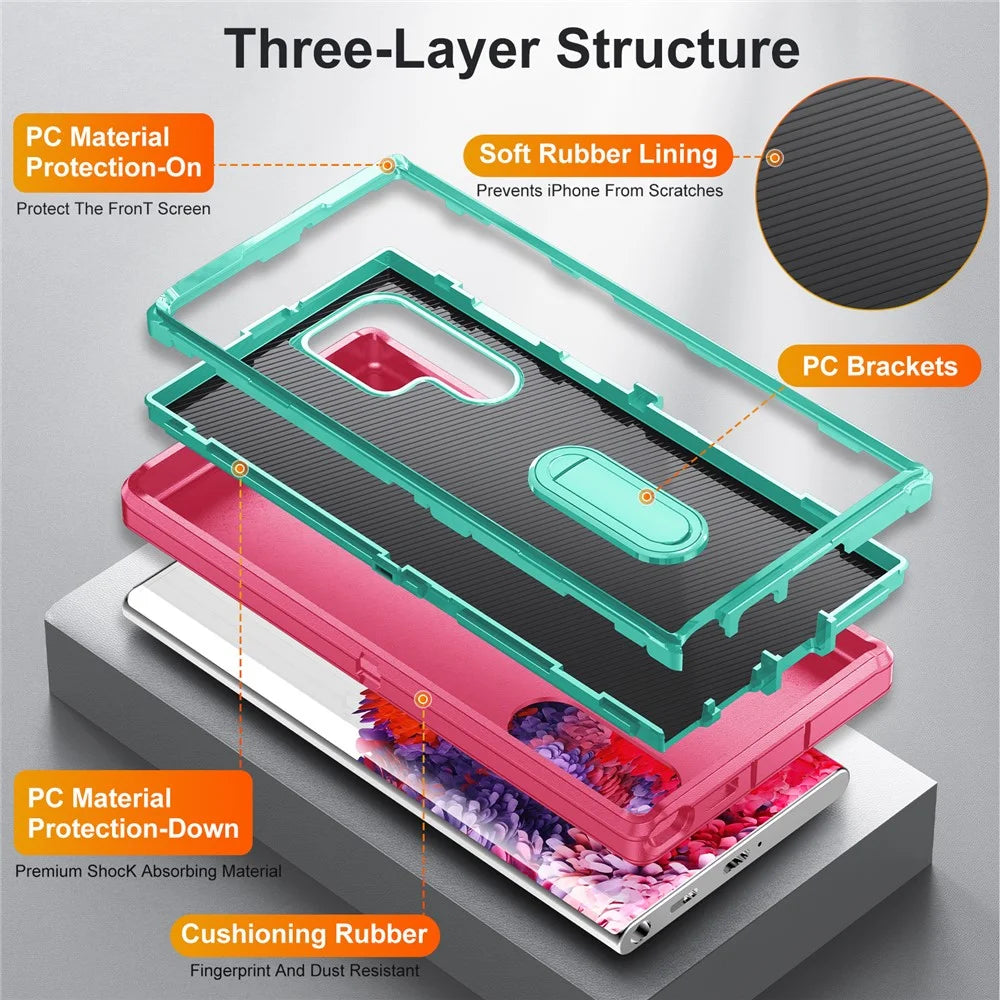 For Samsung Galaxy S22 Ultra 5G Case Case Kickstand Phone Cover PC + Silicone + EVA 3-in-1 Design - Rose + Light Cyan - 7