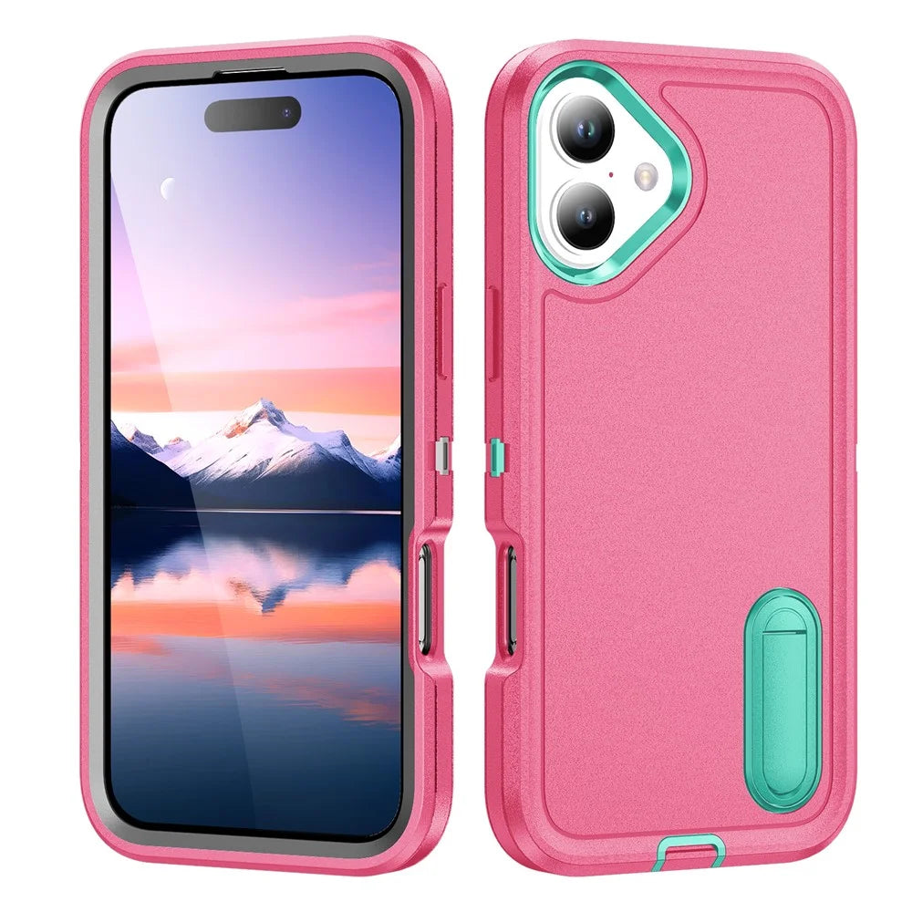 For iPhone 17 Case Case Kickstand Phone Cover PC + Silicone + EVA 3-in-1 Design - Rose + Light Cyan - 1