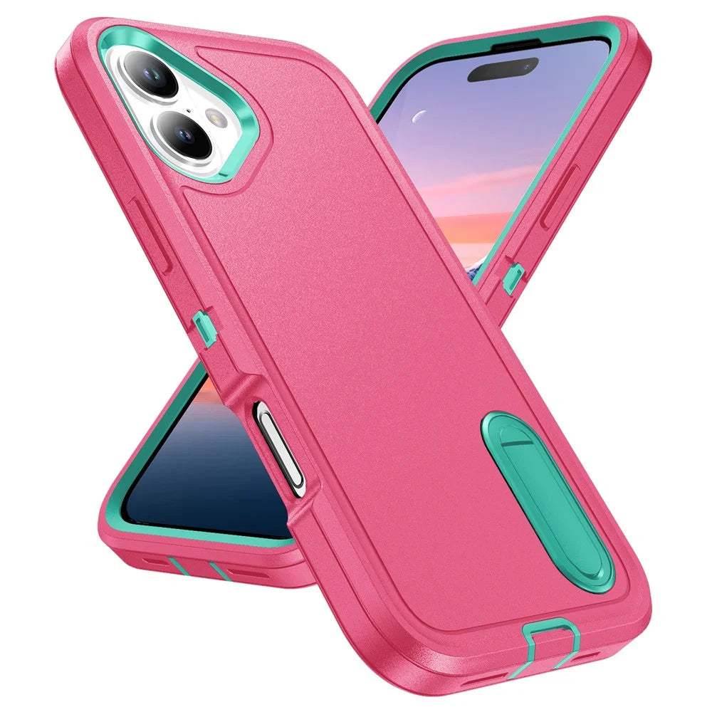 For iPhone 17 Case Case Kickstand Phone Cover PC + Silicone + EVA 3-in-1 Design - Rose + Light Cyan - 2