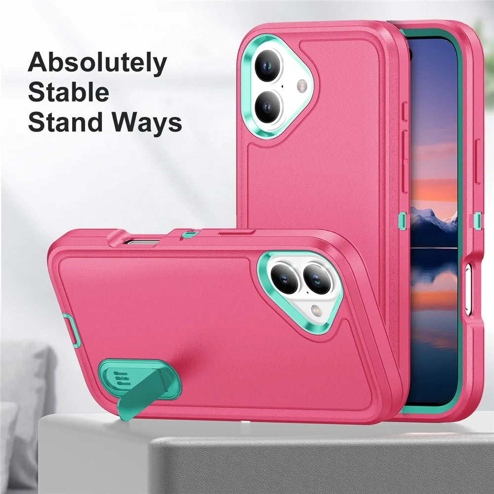For iPhone 17 Case Case Kickstand Phone Cover PC + Silicone + EVA 3-in-1 Design - Rose + Light Cyan - 3