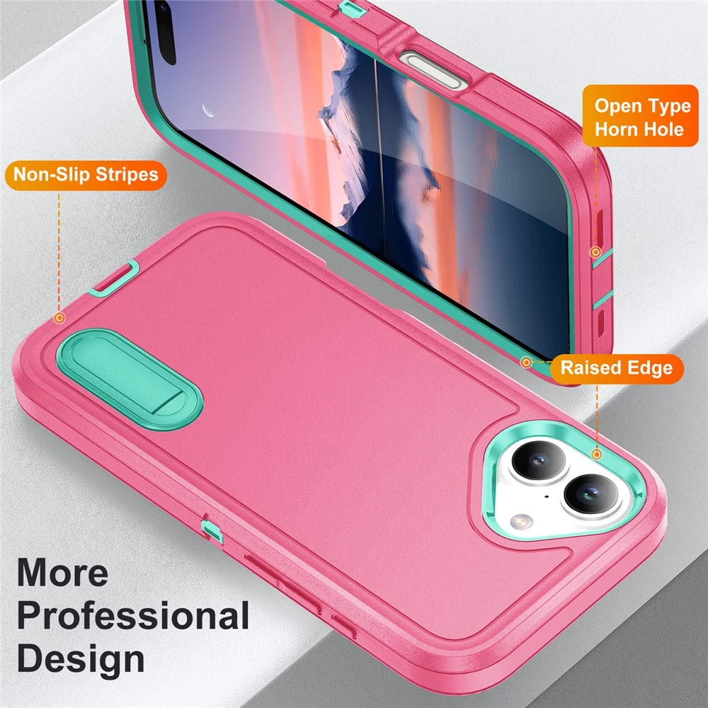 For iPhone 17 Case Case Kickstand Phone Cover PC + Silicone + EVA 3-in-1 Design - Rose + Light Cyan - 4