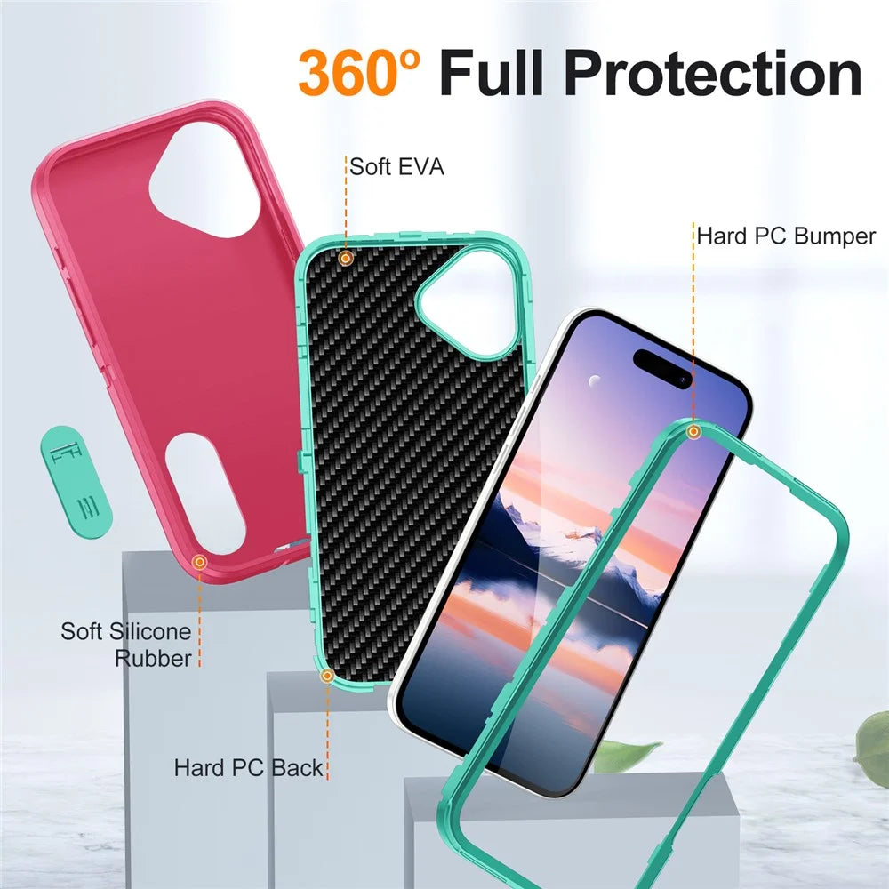 For iPhone 17 Case Case Kickstand Phone Cover PC + Silicone + EVA 3-in-1 Design - Rose + Light Cyan - 7