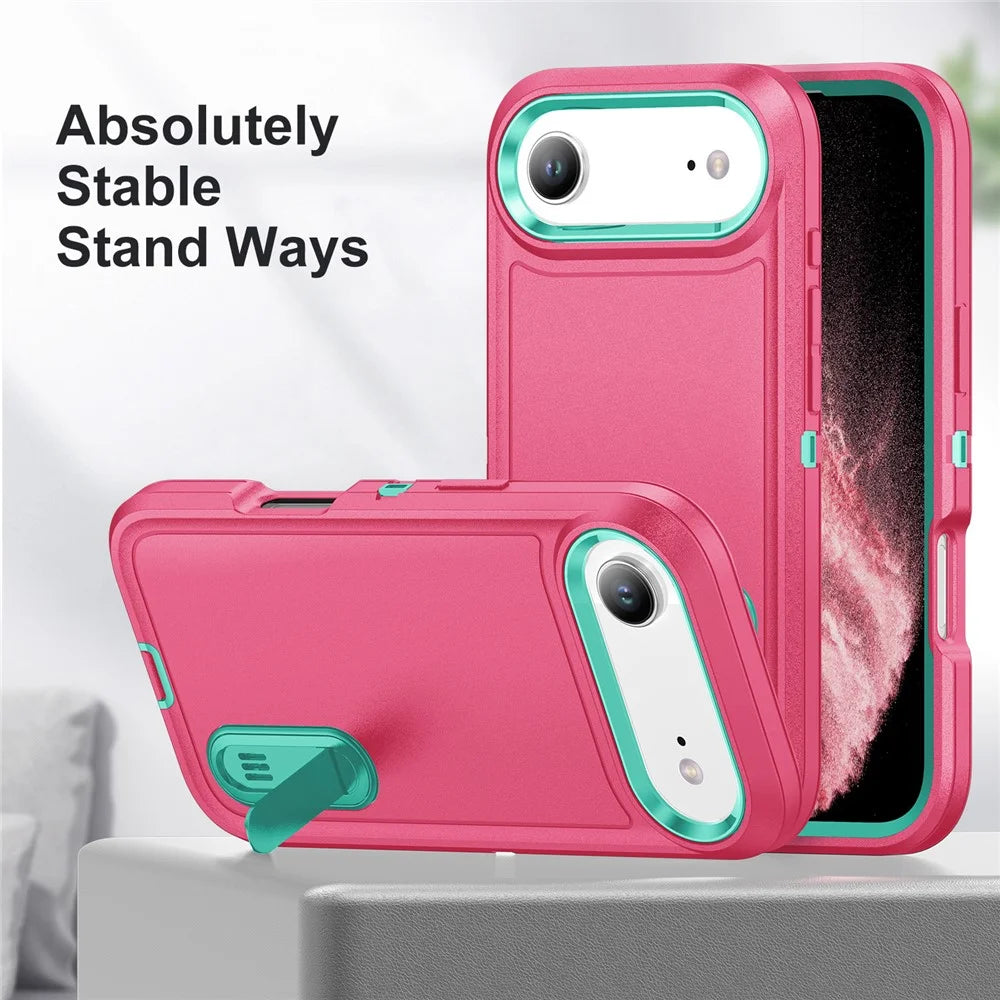 For iPhone Air Case Case Kickstand Phone Cover PC + Silicone + EVA 3-in-1 Design - Rose + Light Cyan - 3
