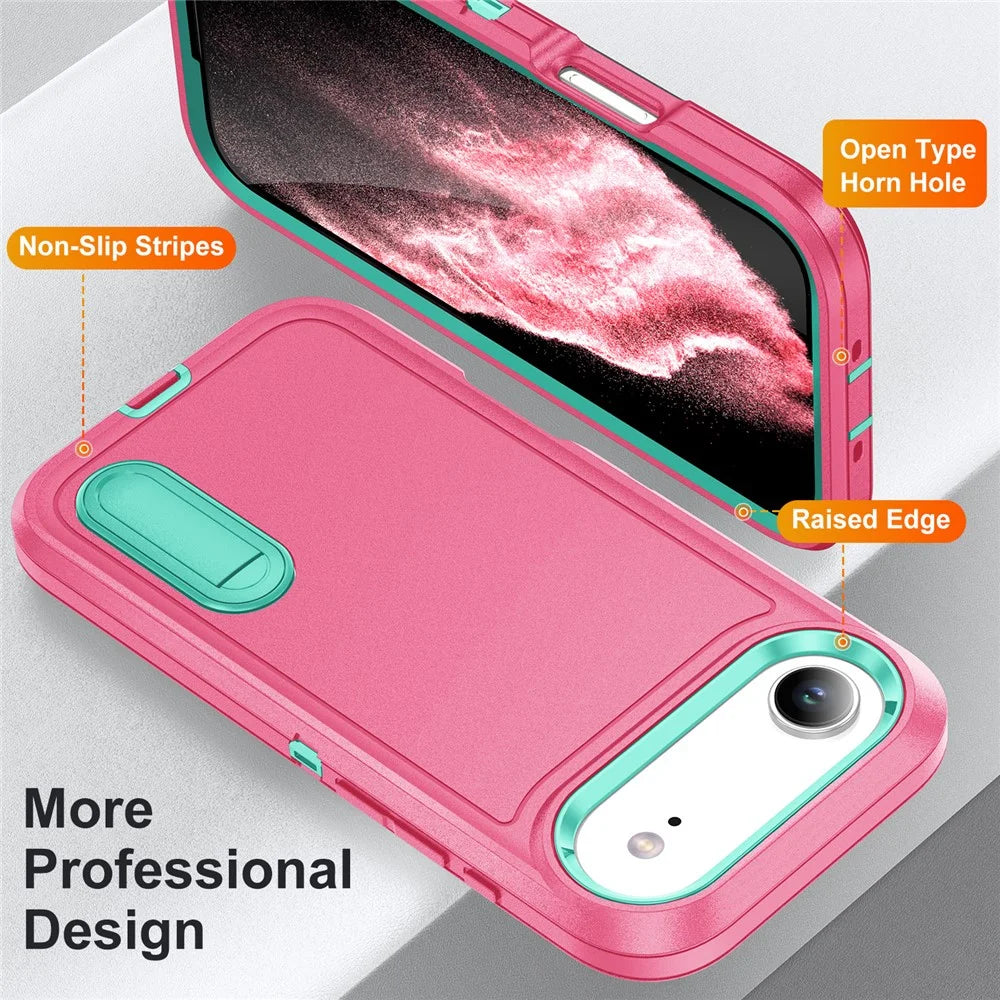 For iPhone Air Case Case Kickstand Phone Cover PC + Silicone + EVA 3-in-1 Design - Rose + Light Cyan - 4