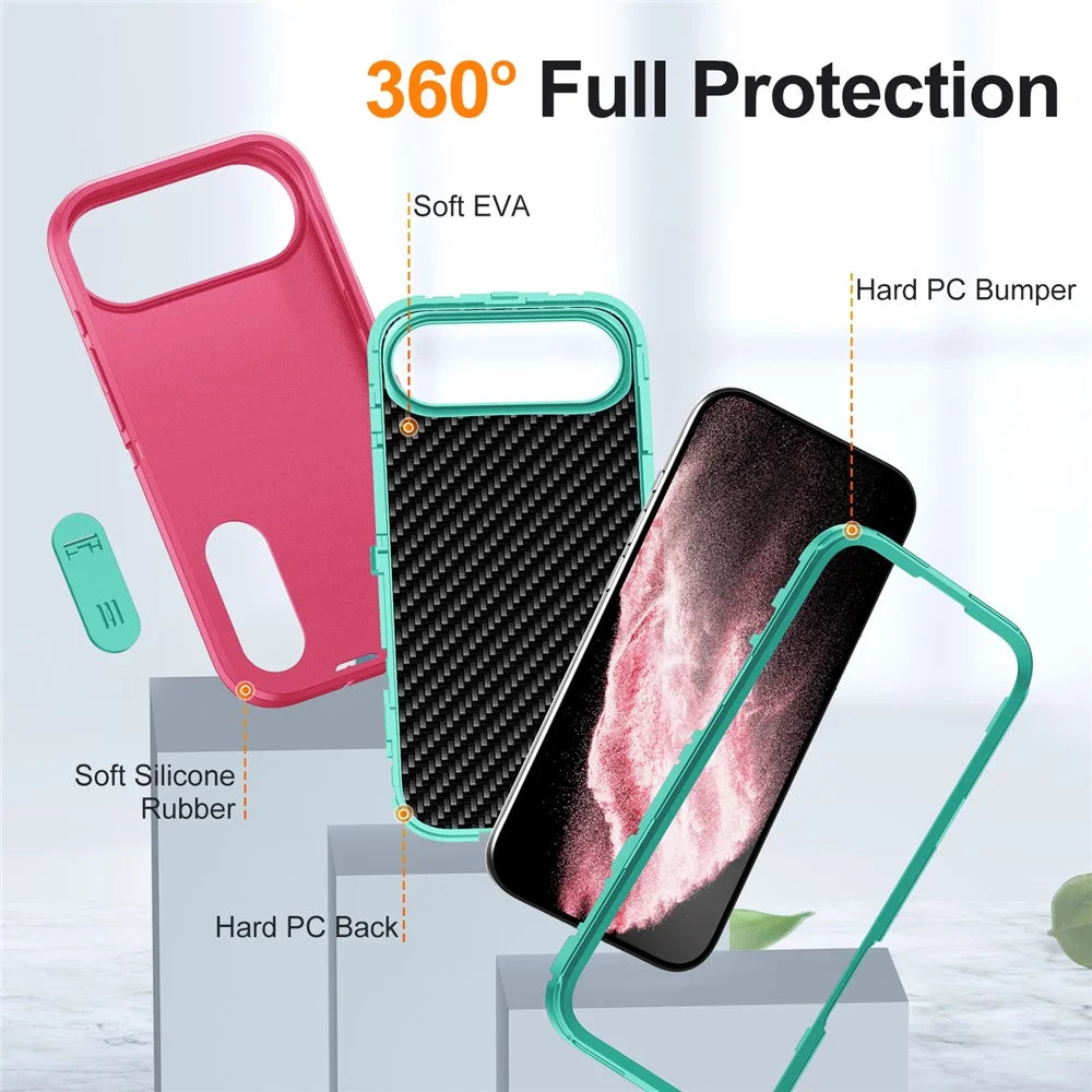 For iPhone Air Case Case Kickstand Phone Cover PC + Silicone + EVA 3-in-1 Design - Rose + Light Cyan - 7