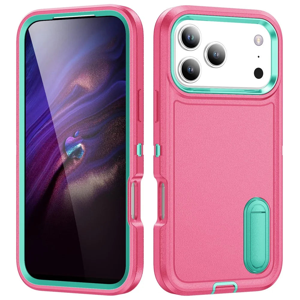For iPhone 17 Pro Case Case Kickstand Phone Cover PC + Silicone + EVA 3-in-1 Design - Rose + Light Cyan - 1