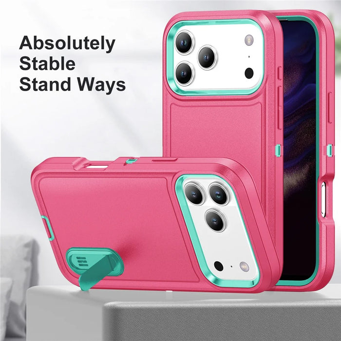 For iPhone 17 Pro Case Case Kickstand Phone Cover PC + Silicone + EVA 3-in-1 Design - Rose + Light Cyan - 3