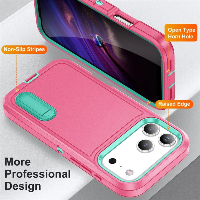 For iPhone 17 Pro Case Case Kickstand Phone Cover PC + Silicone + EVA 3-in-1 Design - Rose + Light Cyan - 4