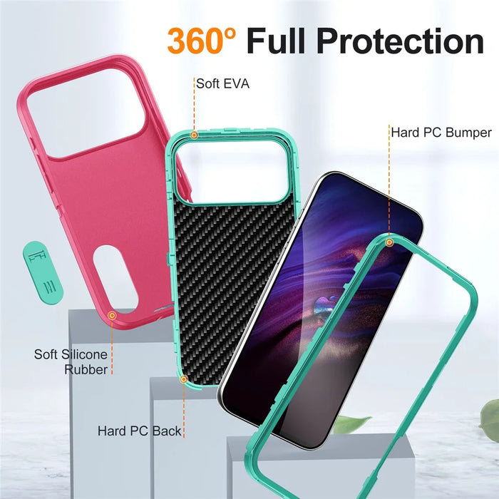 For iPhone 17 Pro Case Case Kickstand Phone Cover PC + Silicone + EVA 3-in-1 Design - Rose + Light Cyan - 7